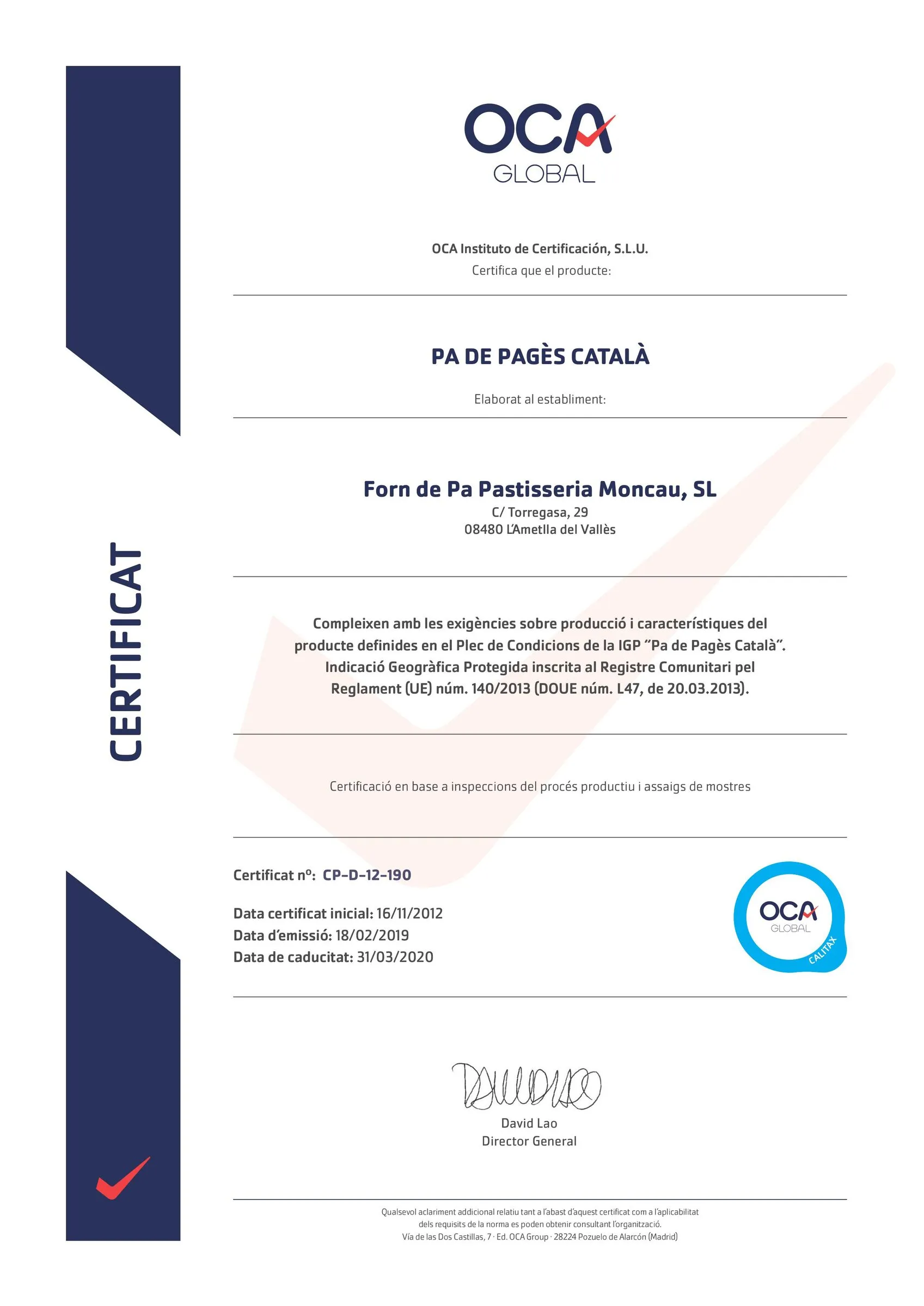 Certificat Pa de pagès català IGP de Forn de Pa Pastisseria Moncau